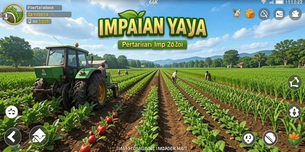Screenshot gameplay 66K menampilkan ladang yang subur dan elemen pertanian yang interaktif.