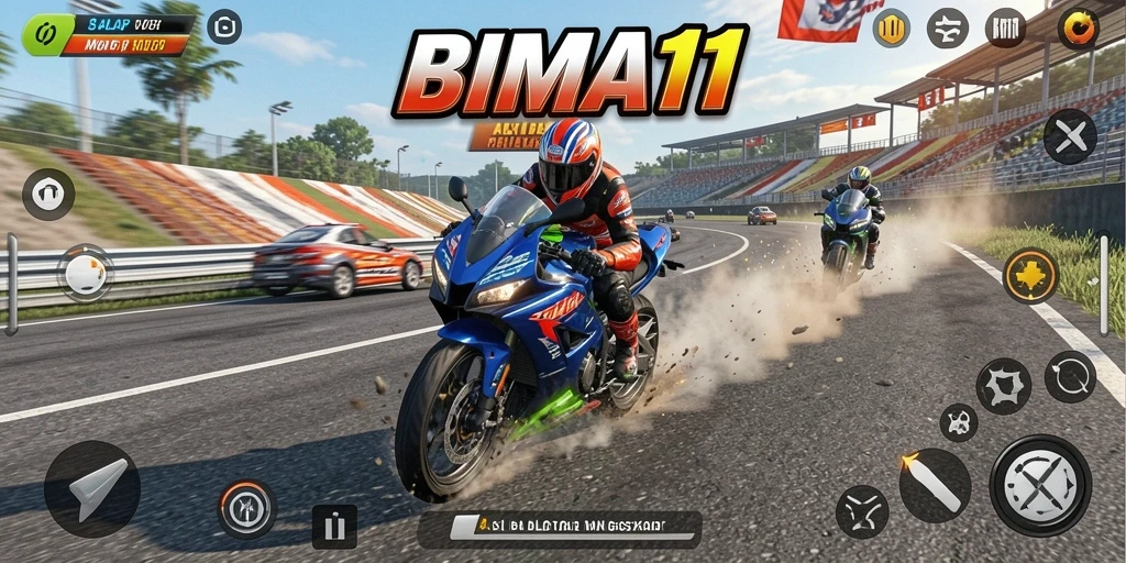 Screenshot BIMA11 menunjukkan aksi balap motor yang mendebarkan.