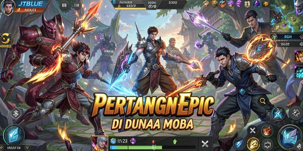 Tangkapan layar JTBLUE menampilkan aksi intens dalam pertempuran MOBA.