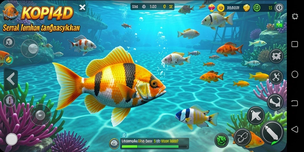 Screenshot menunjukkan aksi menembak ikan yang seru di KOPI4D.