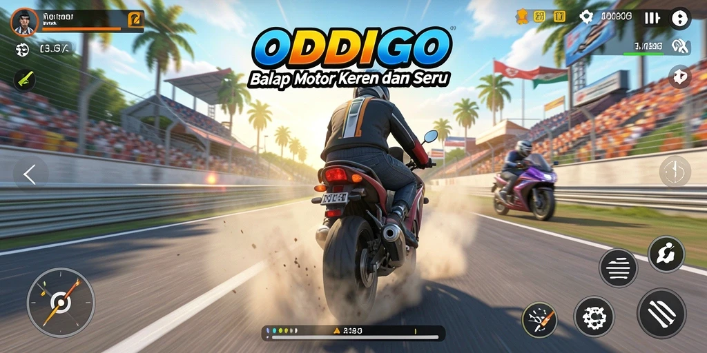 Screenshot ODDIGO menampilkan aksi balap motor yang seru.