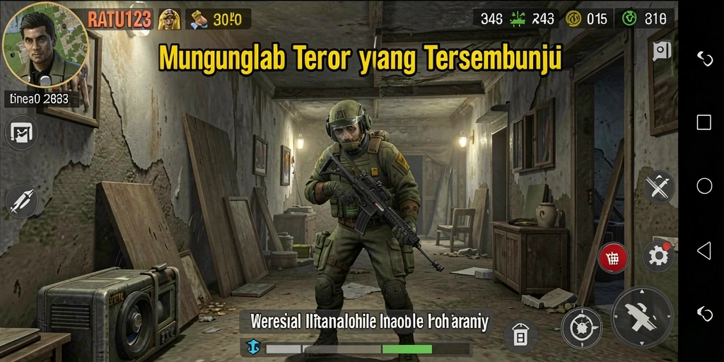 Screenshot gameplay RATU123 menampilkan suasana mencekam di lokasi angker.