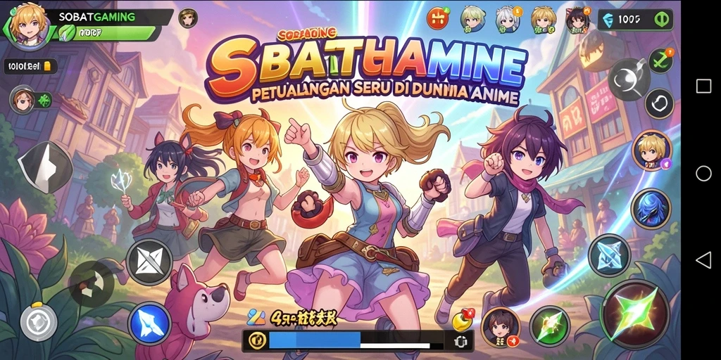Tampilan gameplay penuh warna dari SOBATGAMING yang menampilkan karakter anime.