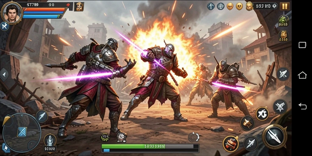 Tampilan gameplay ST789 dengan latar belakang pertempuran strategis.