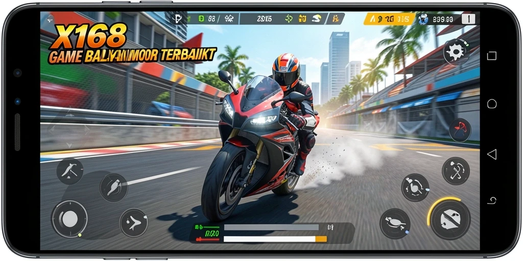 Tampilan gameplay menegangkan dari X168 dalam balapan motor.